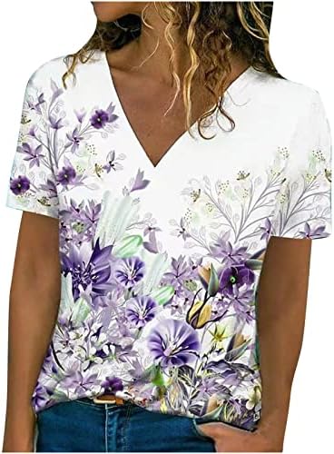 חולצות לבוש יומיומי לנשים מודפסות שרוול קצר קיץ חולצות כושר רופף קלאסי קומפי צווארון פרחוני טי קמיסאס