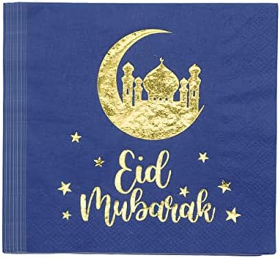 Eid Mubarak מפיות, זהב כחול רמדאן עיד מובארק קישוטי מפיות לשולחן, קישוטים של עיד מובארק לבית, קישוטי המסיבה