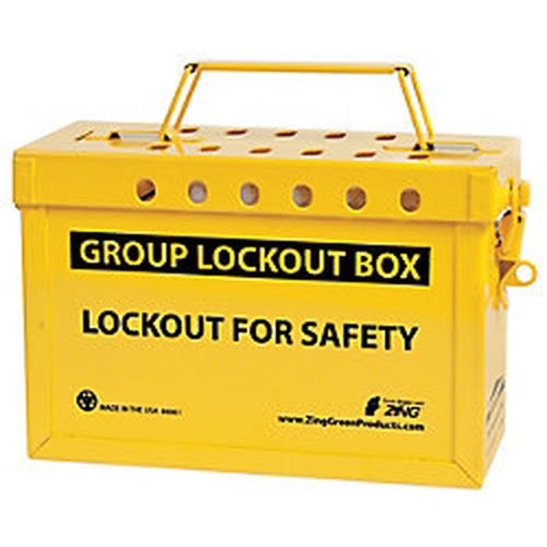 Zing 6061 קופסת נעילה קבוצתית Recyouthout, 10 אורך x 4 רוחב x 6 , נירוסטה ממוחזרת, שחור על צהוב