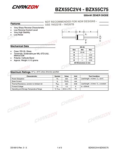 Chanzon BZX55C5V1 ZENER דיודה 0.5W 5.1V DO-35 דיודות ציריות 0.5 וואט 5.1 וולט