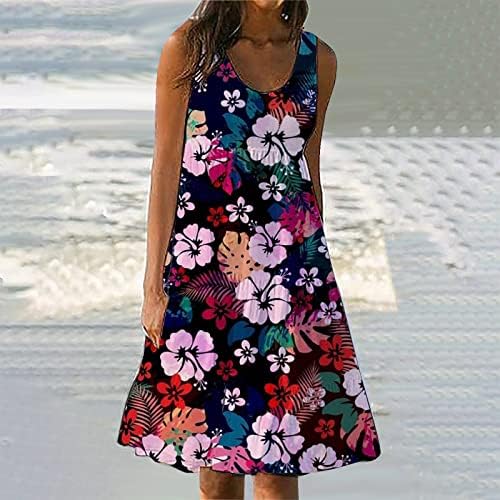 שמלות קיץ פרגיות לנשים 2023 טרנדיות, קיץ הדפס פרחוני חוף שמלת חוף עגול שמלה ללא שרוולים