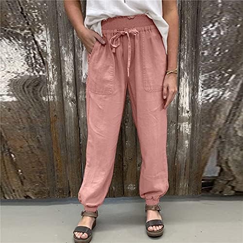 מכנסי פשתן נשים 2023, אטימות מוצקה של אופנה קיץ מכנסי פשתן כותנה עם מכנסיים קטנים משוררים מזדמנים של כיס מכנסיים