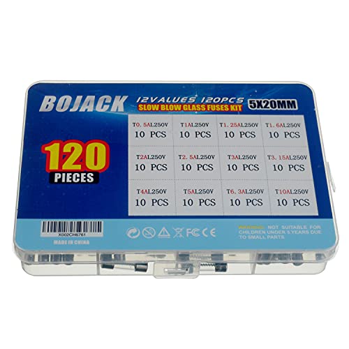 Bojack 12 ערכים 120 יח 'איטי מכה מזכוכית נתיכים ערכת מגוון 5x20 ממ 250V T0.5a 1a 1.25a 1.6a 2a 2.5a 3a