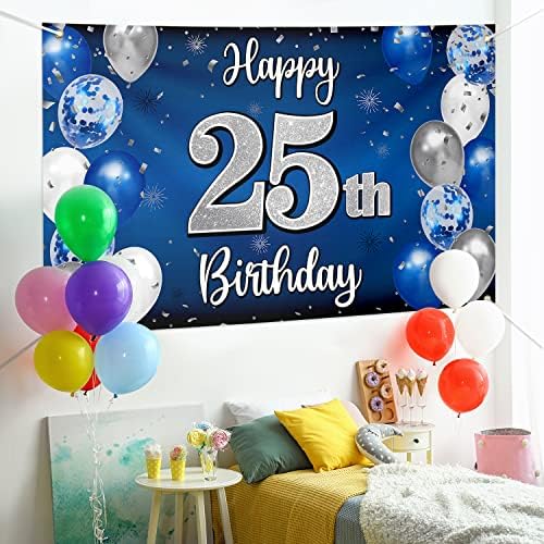 נלבירת שמח קישוטי יום הולדת ה -25,כחול ה -25 &מגבר; סימן רקע באנר יום הולדת גדול בלון כסף, 25 ספקי