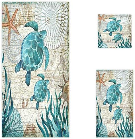 Naanle Vintage Ocean Sea Turtles מפת כוכבי ים מפת יוקרה רכה סט דקורטיבי של 3 מגבות, 1 מגבת רחצה+1