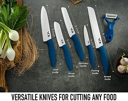 ווס אוניברסלי סכין בלוק קרמיקה סכיני מטבח עם קולפן, קרמיקה קילוף סכין 4, 5, 6, 7, 8 אינץ ' כחול