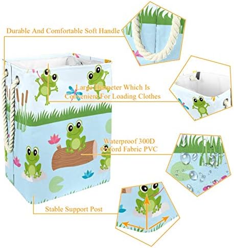 דייה עמיד למים סלי כביסה גבוה חסון מתקפל חמוד יפה ירוק צפרדע דרגונפליי בריכת הדפסת סל למבוגרים ילדים