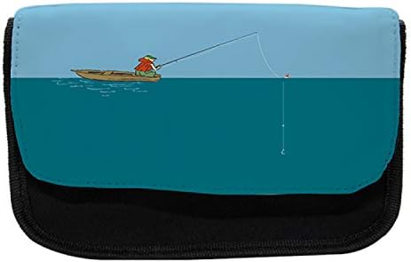 מארז עיפרון דיג לניאון, איש מצויר על הסירה, תיק עיפרון עט בד עם רוכסן כפול, 8.5 x 5.5, כחול