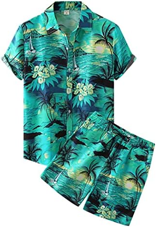 חליפת הדפס של חוף הוואי זכר זכר שני חלקים שרוול קצר פנה למטה חולצת צווארון כיס מכנסיים קצרים חליפת