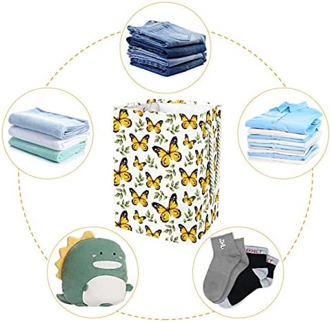 פרפרים צהובים מכביסה כביסה עם ידיות סל גדול מתקפל לפח אחסון, חדר ילדים, מארגן ביתי, אחסון בד, 19.3x11.8x15.9