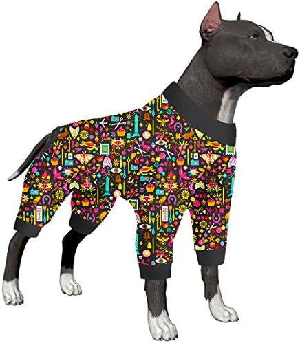 פיג'מה של כלבים של Lovinpet לאחר ניתוח - כיסוי מלא כלב PJs עם חיתוך שחור, הדפס דיו בגין, חולצה