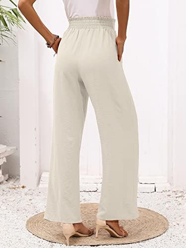נשים רחב רגל טרקלין מכנסיים עם כיסים קל משקל גבוהה מותן מתכוונן עניבת קשר רופף מכנסיים