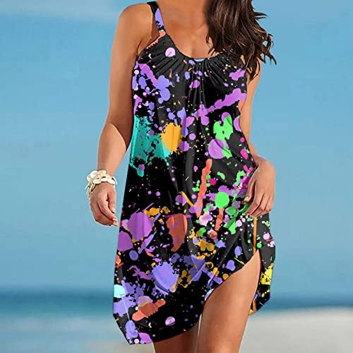 קיץ חוף שמלות נשים מקרית בוהמי שמלת כושר רופף זורם מיני שמלה ללא שרוולים עם צווארון לחפות שמלה קיצית