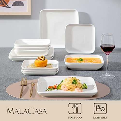 ערכות כלי אוכל Malacasa ל -4, צלחות מרובעות לבנות שנהב וקערות, סט ארוחת ערב חרסינה 12 חלקים עם צלחות
