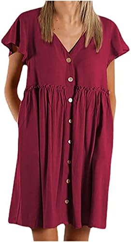 נשים של קיץ נדנדה חצאית רופף מוצק צבע צווארון כפתור גבוהה מותן עץ אוזן קצר שרוול מוצק צבע חצאית