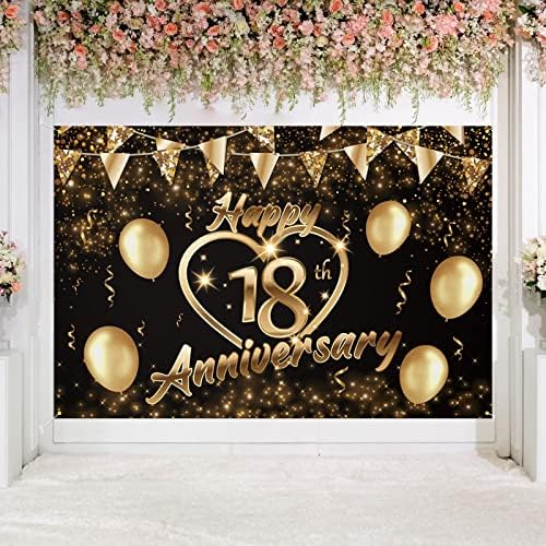 5665 שמח 18 יום שנה רקע באנר דקור שחור זהב גליטר אהבת לב שמח 18 שנים חתונה מסיבת יום נישואים נושא קישוטי