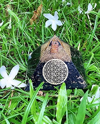 גביש פירמידה של אורגון טורמלין שחור עם פרח חיים - רייקי ריפוי קריסטל אורגוניט - צ'אקרה רוחנית ריפוי