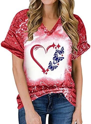 נשים חולצת לב דגל אמריקאי פטריוטית חולצת טריקו 4 ביולי צווארון גרפי חולצות טיז מולבן
