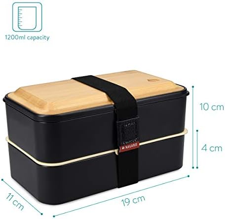 קופסת בנטו של Navaris - תיבת ארוחת צהריים בסגנון יפני דו -שכבתי עם סט סכום 3 חלקים ומכסה במבוק לארוחות - קופסת