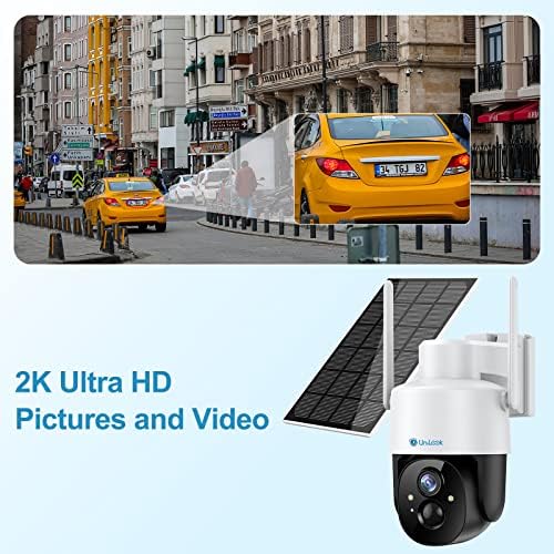 Unilook 2k מצלמת אבטחה אלחוטית PTZ 360 ° מצלמת סולארית חיצונית עם ראיית לילה צבעונית של 3MP, AI גילוי תנועה IP66