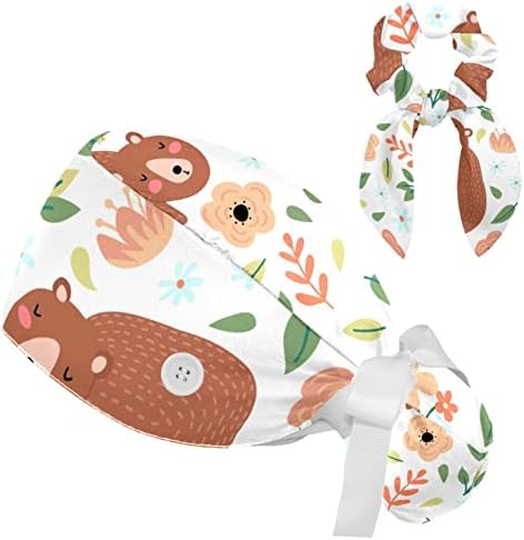 דובים חמודים מתכווננים עם פרחים קרצוף, כיסוי שיער כובע עובד עם כיס קוקו, כובע אחות כירורגי רך בופנט