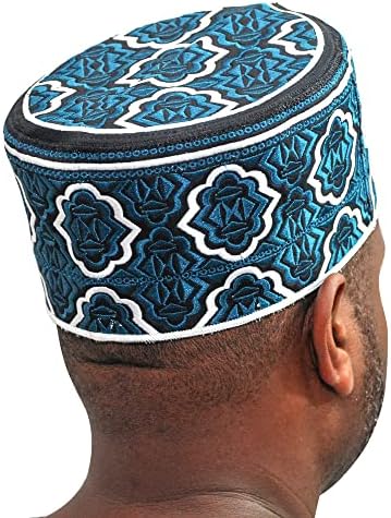 הקופי כחול כהה בסגנון אומני אפריקאי כובע קופי 4 אינץ ' גבוה רקום מינאר עיצוב שחור לבן מבטאים תפילת