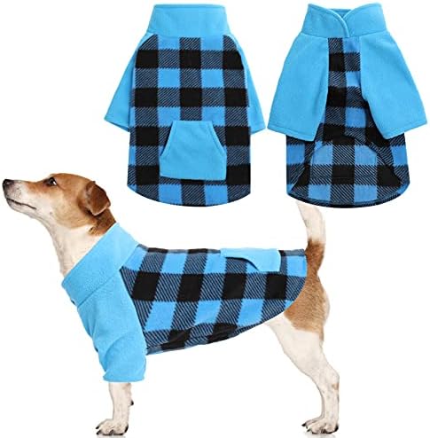 מעיל חולצה משובצת כלבים, בגדי חורף לחיות מחמד עם שקית חטיפים בגב, לבוש סוודרים חמים וקל משקל עם חור רצועה