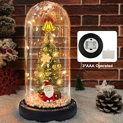 Turnmeon LED עץ חג המולד בכיפת זכוכית עם סנטה קלאוס, מברשת בקבוקים מושלגת קישוטי עץ חג המולד לבית