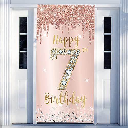 7 יום הולדת דלת באנר קישוטי עבור בנות, ורוד עלה זהב שמח 7 יום הולדת דלת כיסוי סימן ספקי צד, שבע שנה