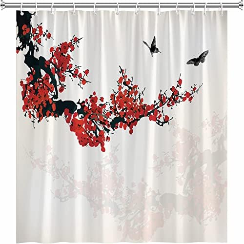 וילון מקלחת פריחת דובדבן אדום פרחוני פרחוני אסתטיקה יפנית פרחים אביב פרפר פרפר נוף סגנון אסייתי נושא