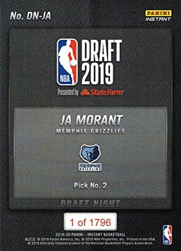 2019-20 כדורסל מיידי של פאניני DN -JA JA MORANT TROOKIE כרטיס - כרטיס טירון רשמי ראשון - רק 1,796 תוצרת