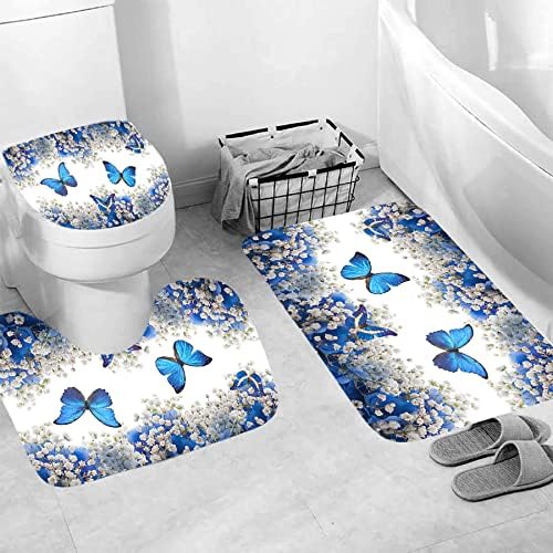 Ujoyen 4 PCS Monarch פרפרים וילון מקלחת סט עם שטיחים לא החלקה, כיסוי מכסה אסלה ומצלת אמבטיה פרחים פרחים