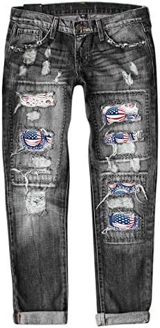 מיאשוי גודל 12 נשים ג 'ינס עצמאות יום הדפסת קרע מכנסיים ג' ינס מותניים