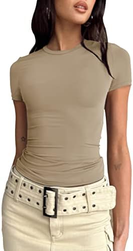 SAFRISIOR נשים יבול מוצק בסיסי חולצות טייז עגול צוואר עגול צורה שרוול קצר מתאים אימון טיול חולצת
