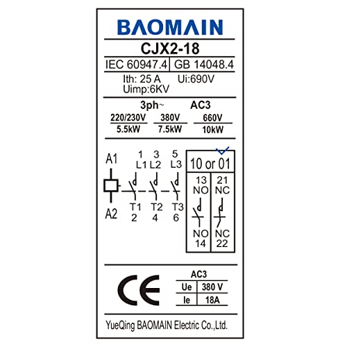 BAOMAIN AC Contactor CJX2-1801 18A 24V סליל 50/60Hz 3p 3 מוט 3no 1nc