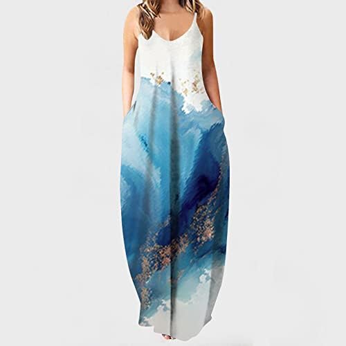 נשים בתוספת גודל רופף מודפס ארוך שמש שמלת ספגטי רצועת צווארון שרוולים מקסי שמלות חוף שמלה עם כיס