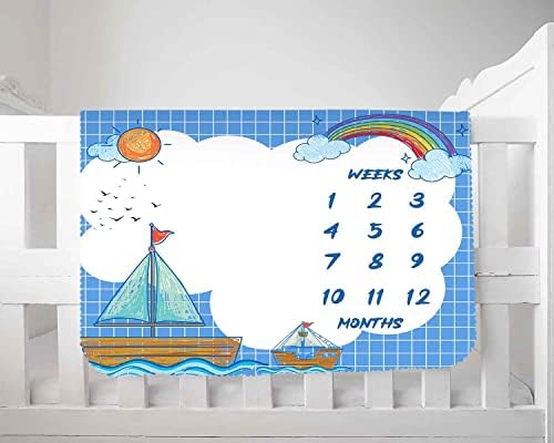 KIKIDOR CART סירת מפרש תינוקת MINGY MILESTONE שמיכה כחולה אוקיינוס ​​מתנות לתינוקות חדשות למקלחת לתינוקות יילוד