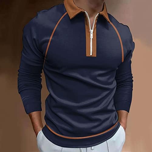 חולצות פולו רוכסן של XXBR לגברים, 2022 חולצת גברים חדשים שרוול ארוך טלאים גיאומטריים טלאים גולף חולצה סתיו צוואר