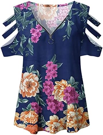 חולצת חולצה לנשים סתיו קיץ שרוול קצר 2023 בגדים טרנדיים מכתף V צוואר כותנה רוכסן למעלה