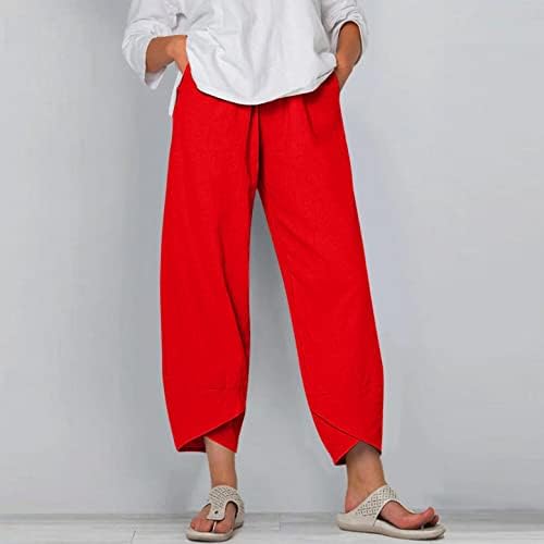 מכנסי קפרי של Aayomet לנשים, נשים מפוארות אלסטיות מכנסי פשתן אופנה מנוחה מכנסי רגל רחבים
