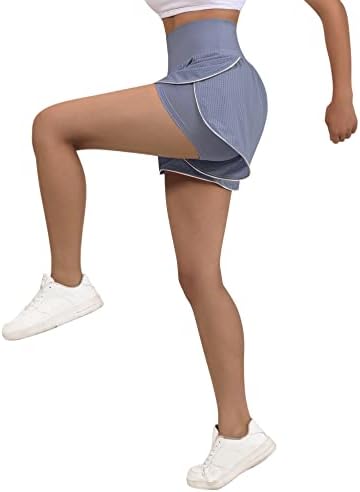 Kunisuit נשים מקצרות אימון מכנסיים 2 ב -1 עם כיסים עם מכנסי אופנוען בעלי מותניים גבוהים המריצים מכנסיים קצרים