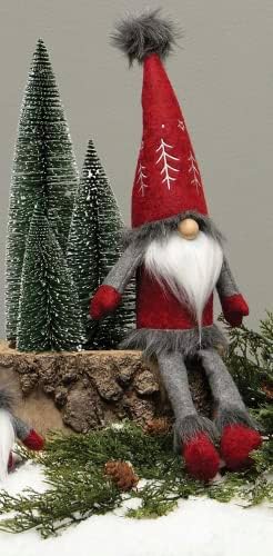 Meravic Gnome עם כובע קווית עץ רקום, אף עץ, זקן לבן, זרועות ורגלי תקליטונים, 18 אינץ ' - קישוט
