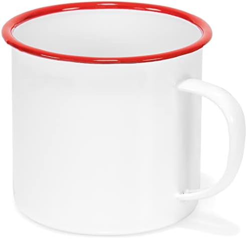 רד ושות 'אמייל מטאל קלאסי גדול 22 גרם קפה עגול וספל תה עם ידית, שפה לבנה/אדומה מוצקה