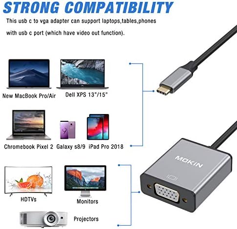 מתאם USB C ל- VGA, Mokin USB C ל- VGA כבל מתאם עבור MacBook Pro 2018/2017, iPad Pro/MacBook