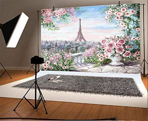 רקע ציור שמן נוף עירוני פריזאי רומנטי 10 על 8 רגל ויניל יופי ורוד רוז פרחים זר מרפסת לכיוון מגדל