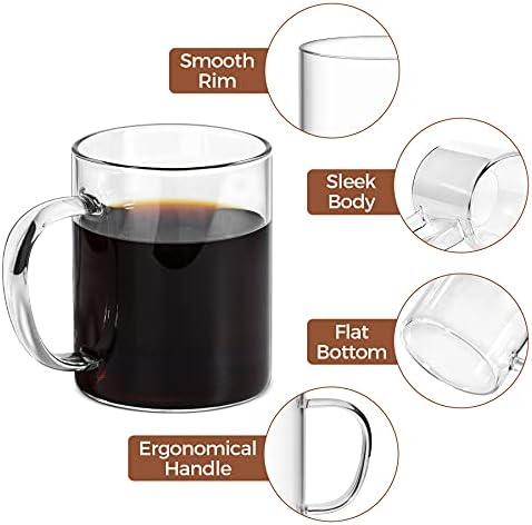 COMSAF 14OZ כוסית ספלי קפה סט של 4, כוס קפה זכוכית צלולה עם ידית גדולה, ספל זכוכית בורוסיליקט