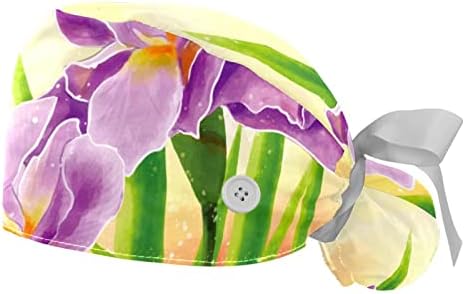 2 חתיכות צייר יד כובע עבודה של פרחי איריס עם כפתורים, כובע בופנט מתכוונן עם מחזיק קוקו