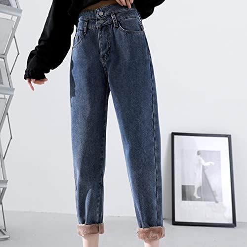 מכנסי ג'ינס עם מותניים גבוהים לנשים קטיפה חמה חמה מרופדת חרן ישר מכנסי מכנסי ג'ינס רחבים ישר