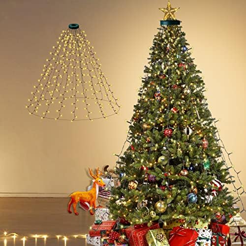 אורות עץ חג המולד - Warmwhite 480 LED 9.82ft x 16 אורות טיפה קישוטי חג המולד עם 8 דגמים ופונקצית זיכרון