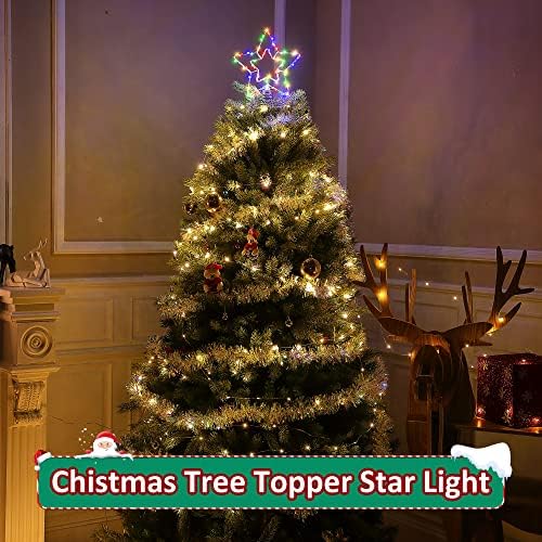 עץ כוכב חג המולד טופר קישוט אור אור, מסגרת ברזל כפולה גדולה כוכב תאורה עץ חג המולד עם 8 מצבי תאורה נצנוץ